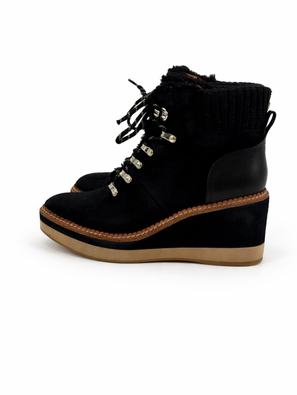 Kate Spade Willow Wedge Lace Up Knit Collar Suede Platform Booties SZ 7.5B - Picture 2 of 16